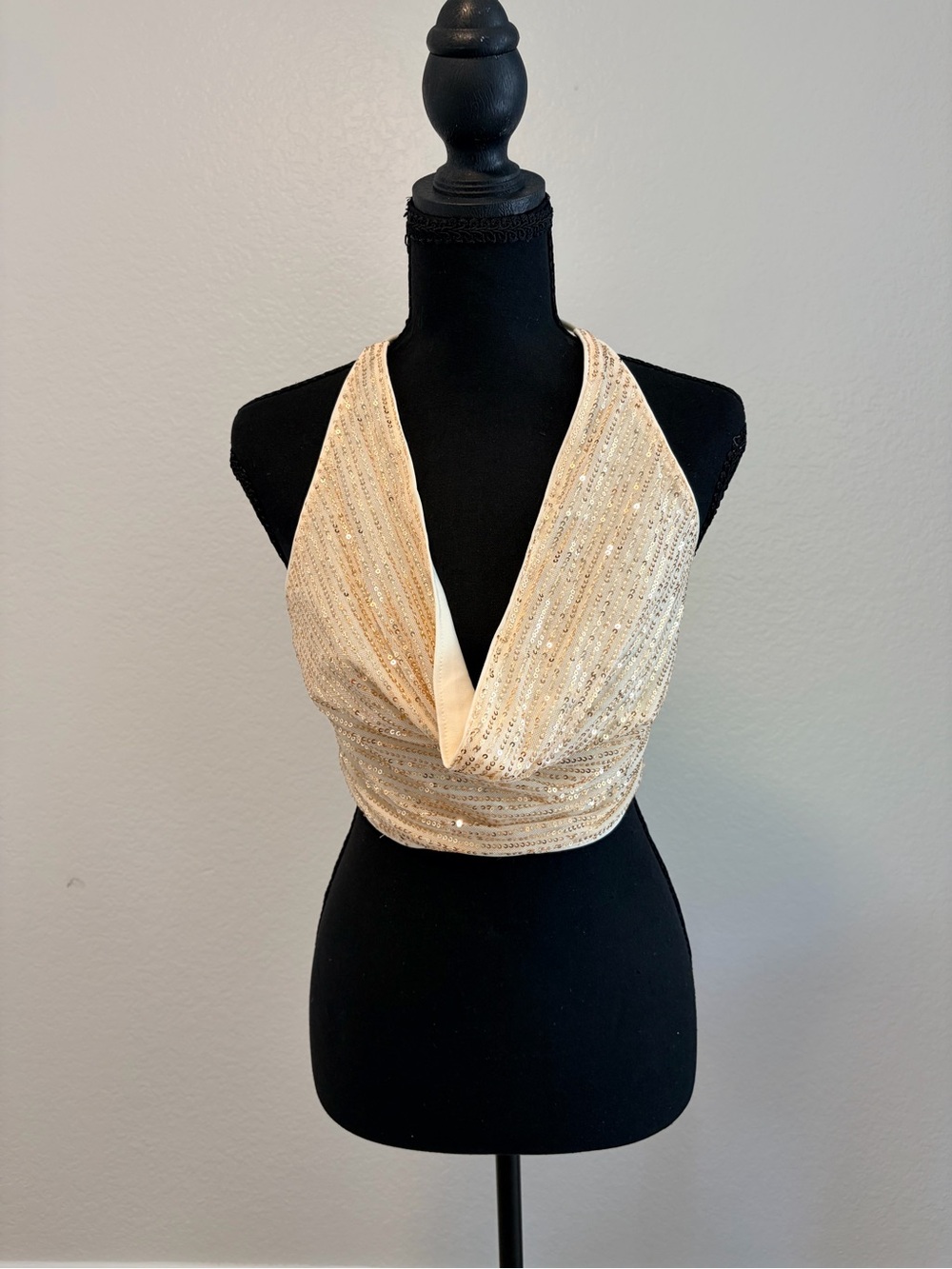 Women Sequin Halter Crop Top in Champagne | Size XS
